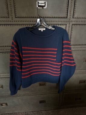 Madewell Navy Crewneck 100% cotton Sweater with Red Stripes